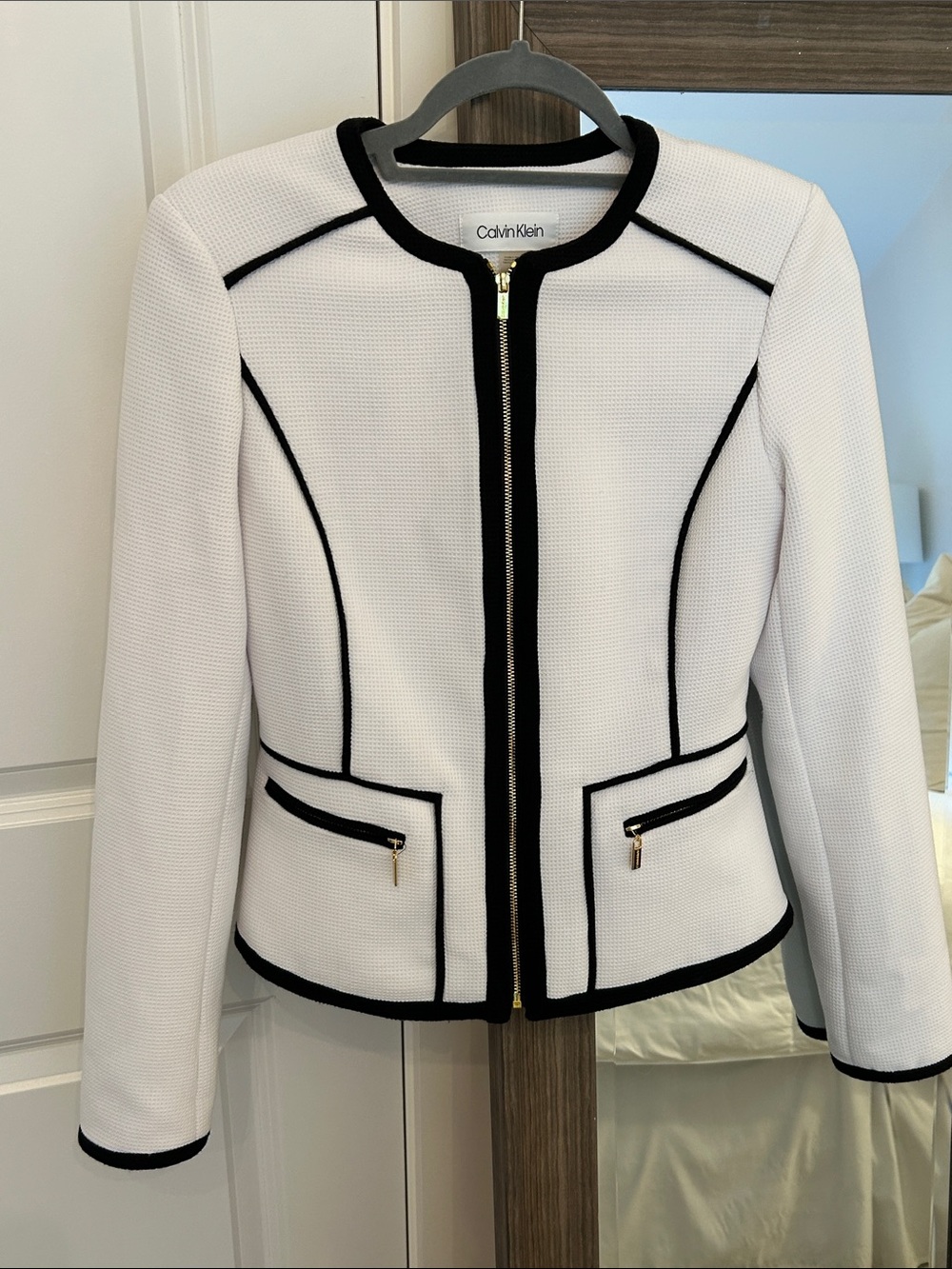 Calvin Klein White Textured Zip Jacket with Black Trim
